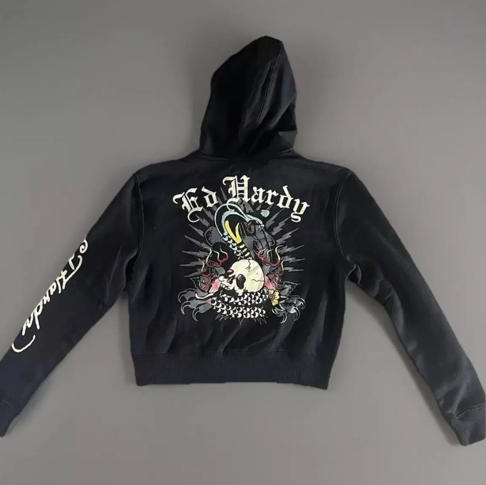New Woman Ed Hardy Black Snake Skull Logo Cropped Zip Up Hoodie Sweatshirt